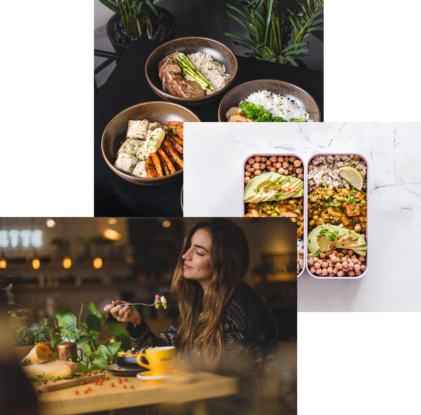 Woman enjoyign food, meals in storage container, and food bowls on a table